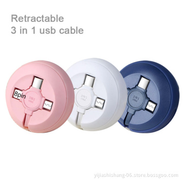 Round Silicone Retractable Flat 3 In 1 Charging Usb Cable For Cell Phone Type C Micro Android Charger